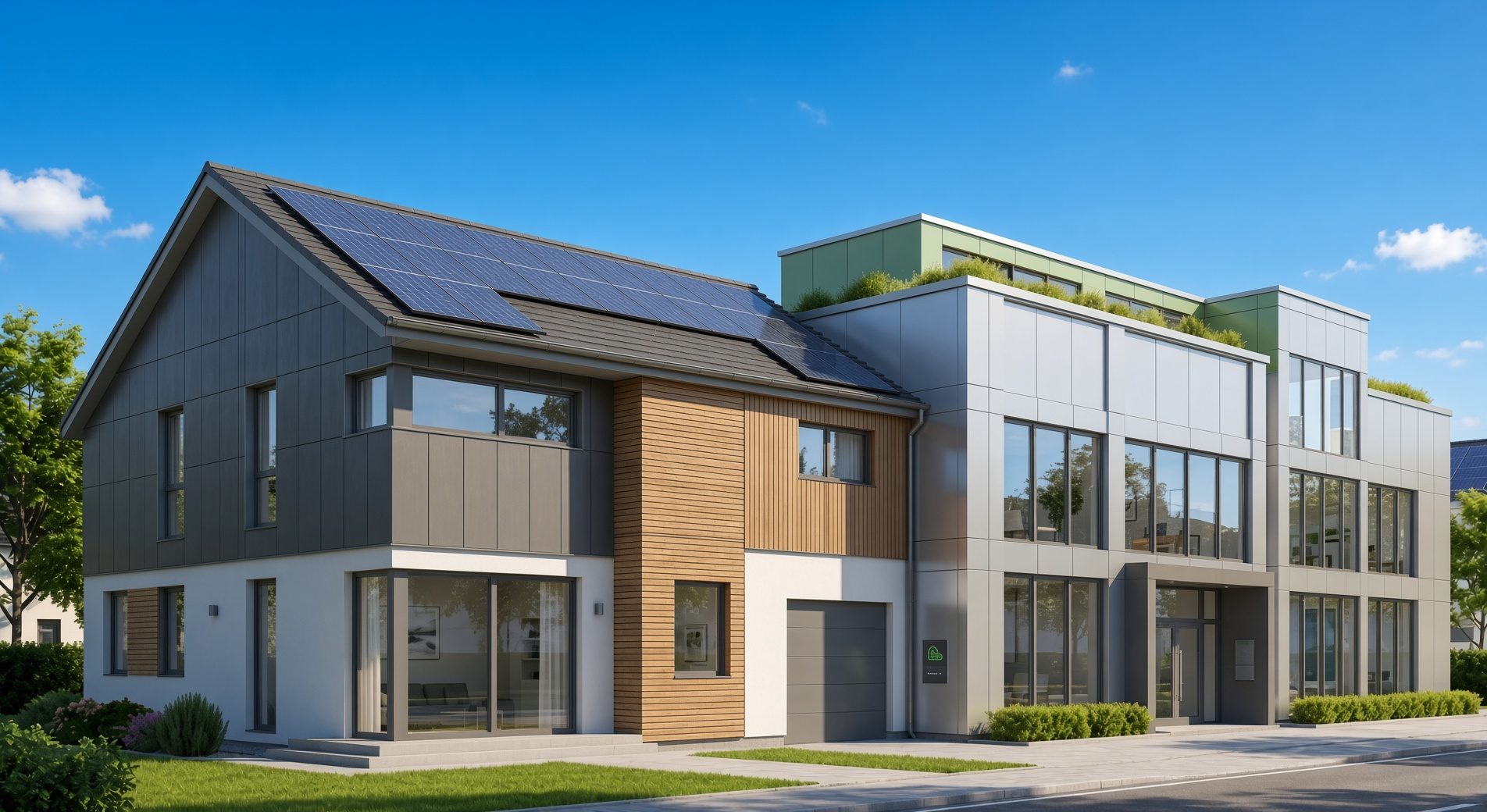 Modernes Wohn- und Geschäftsgebäude: links ein Satteldachhaus mit Photovoltaikanlage und Holzverkleidung, rechts ein verglaster Bürotrakt mit begrüntem Flachdach.